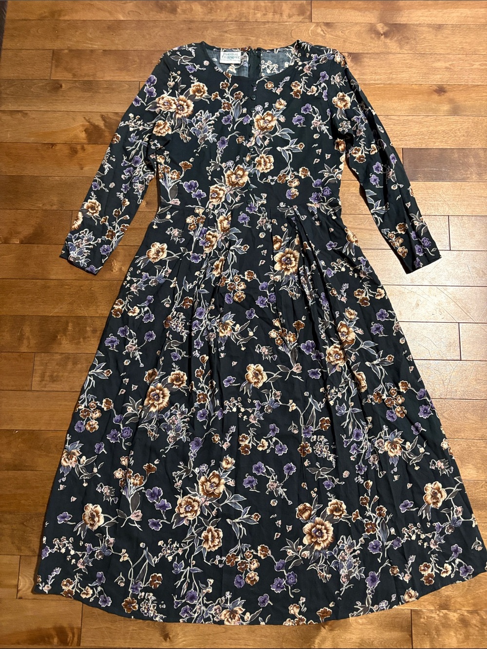 Floral Long Sleeve Midi Dress in Forest Green with Purple & Brown Blooms